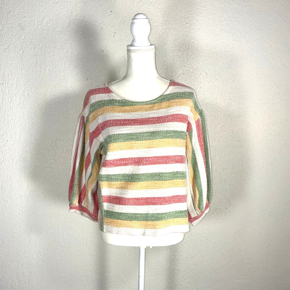 Current Air‎ Anthropologie Striped Puff Sleeve Knit Top Red Green Yellow Medium